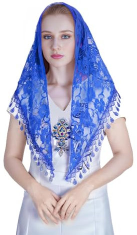 Vbxvsa Damen Schleier Dreieckstuch Mantilla Spitze Fransen Dreieckige Kopftücher Gewickelt Kopf Veil Umschlagtücher (Blau)