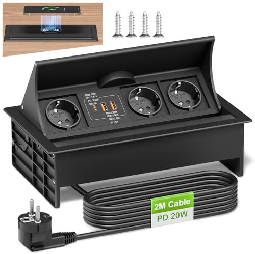 Regleta Enchufes Empotrable Mesa con USB C PD 20W, Enchufe Retractil con 15W de Carga Inalámbrica, Toma Empotrable Escritorio 3 Tomas, Ideal para Encimera, Cocina, Oficina, Cable de 2 m