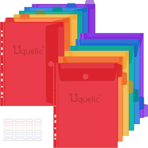 Uquelic 12 Stück A4 Dokumentenmappe zum Abheften, 6 Farben Sichttaschen, Wasserdichte Mappen A4 mit 11 Lochrand, 2 Arten Dokumententaschen für Dokumente Organisieren - Regenbogenfarben