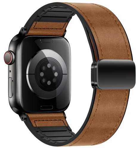 Qimela Magnetic Leather Strap Compatible with Apple Watch Band 38mm 40mm 41mm 42mm 44mm 45mm 46mm 49mm for Men Women,Top Grain Genuine Leather Wristband for iWatch Series 10 9 8 7 6 5 4 3 Ultra 2 1 SE
