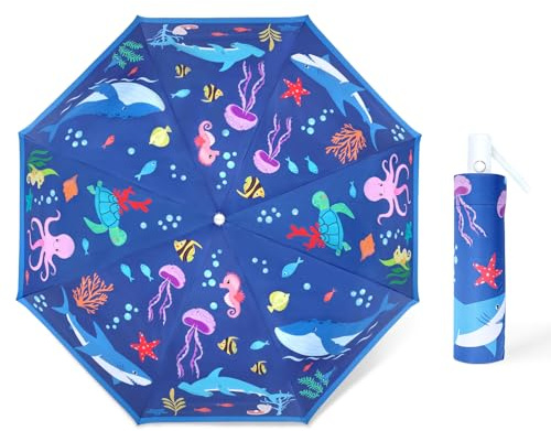 decalsweet Regenschirm Kinder, Klein Taschenschirm Kinderschirm Meerestiere | Knirps Regenschirm mit reflektierenden Streifen, Sturmfest,Kompakter,Robuster, Leicht zu Transportieren, Reise Regenschirm,