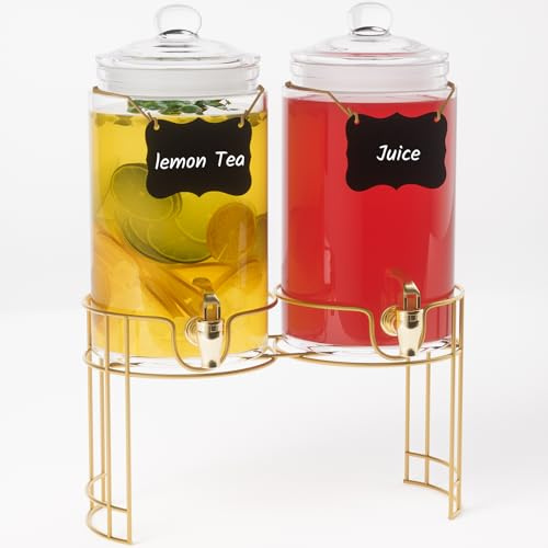 Getränkespender aus Glas für Partys, 2 Stück, 3,5 l Getränkespender mit Deckel, goldener Metallständer und Zapfhahn, 100 % auslaufsicher, Limonadenspender mit Kreidetafel