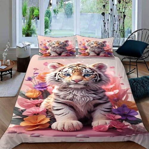Zbeiba Bettwäsche 135x200cm Tiger zwischen Blumen Bettbezug und 2 Kissenbezug 80x80cm 3 teilig,#11,3D Drucken Bettbezug Mit Reißverschluss