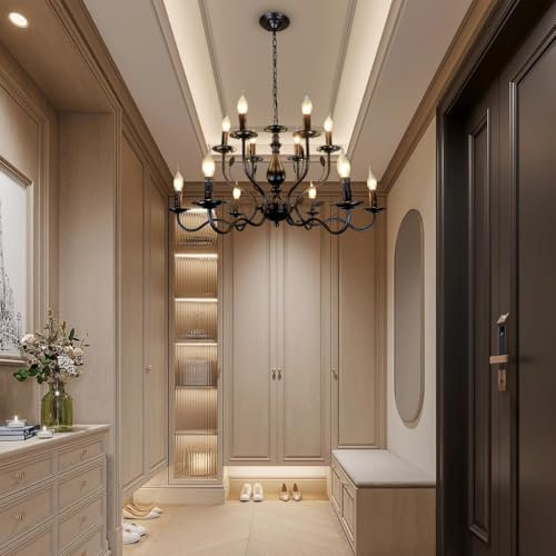 VTAMng Kronleuchter Vintage Bauernhaus Kerze E14 Französische Antike Pendelleuchte Schwarz Schmiedeeisen Tisch Höhenverstellbare Beleuchtungsvorrichtung Geeignet Kücheninsel Restaurant Bar Café Dekora