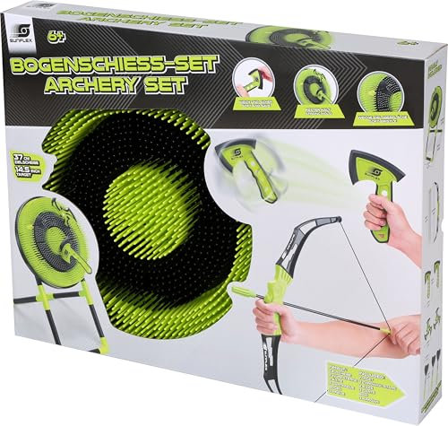 Sunflex® Bogenschiessset | Kinderwurfspiel Set mit Zielscheibe, Wurfsterne, Äxte, Pfeile | Axtwurfspiel & Dartspiel & Pfeil und Bogen mit Zielscheibe für Kinder ab 6 Jahren | Indoor & Outdoor Action
