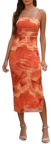 Adigaber Vestido de Verano para Mujeres Tirantes Estampados Abertura Lateral Malla Equipado Maxi Vestido
