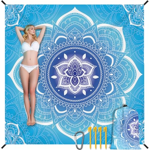 Stranddecke Sandfrei Wasserdicht Mandala 200x220cm Große Strandmatte Picknickdecke für 4-6 Personen Leicht Tragbar Strandmatte Outdoor Decke mit 4 Heringen für Strand Wandern Reisen Camping, Blau