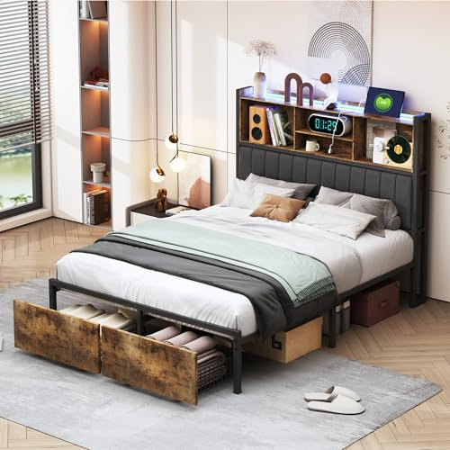 SHAODENG Bett 140x200 cm mit LED und USB-Ladefunktion, Doppelbett Stauraumbett mit 2 Schubladen, Polsterbett mit Lattenrost, Funktionsbett Bettgestell Rückenlehne, Schwarz, Ohne Matratze