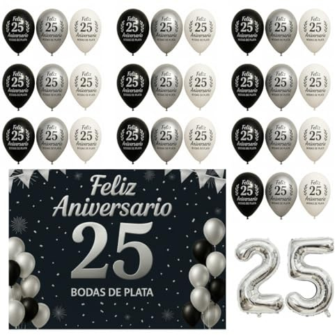 Decoración Bodas de Plata 25 Aniversario Pancarta 110x80cm Fiesta Matrimonio Regalos 25 Años Photocall Fondo Plateado 30 Globos + Globo Helio Número 25 Homenaje Amor Pareja Celebración Española