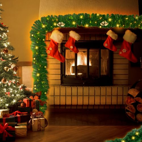 Yigowyigo Weihnachtsgirlande mit Beleuchtung, 10M 200LEDs Girlande Weihnachten, Tannengirlande Outdoor, Künstlich Weihnachtsdeko Girlande Warmweiß für Haus Treppen Kamin Haustür Innen Außen