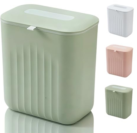 Siocok 11 Litre Hanging Trash Bin with Lid, Kitchen Compost Bin, Rubbish Bins Wastebasket for Under Cupboard, for Kitchen, Bathroom, Office, Dressing Table, Counter, Car Indoor (Green)