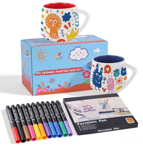 Keramik Tassen Bemalen Set, Keramik Bemalen Set Mit 2 Tassen 400ml | 12 Porzellanstifte, Kreatives DIY Geschenk für Erwachsene & Paare