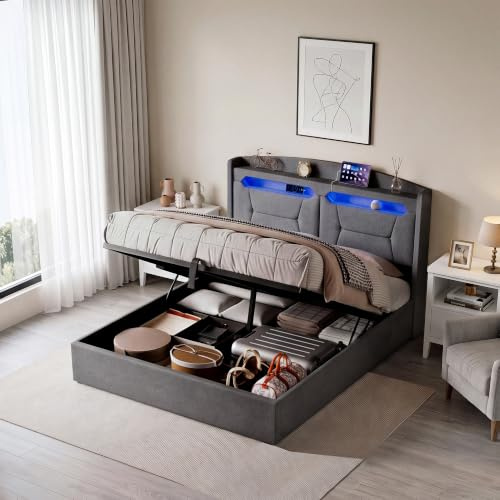 BPKADHY Polsterbett 140x190 mit LED, Doppelbett mit Stauraum und USB Kopfteil,Hydraulische Stauraumbett Jugendbett Bettgestell mit Bettkasten und Lattenrost,Leinen, Hellgrau, Ohne Matratze