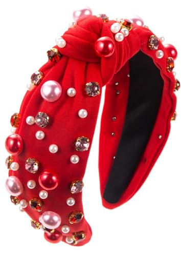 Bandeau en tissu torsadé avec perles et strass, rouge et rose