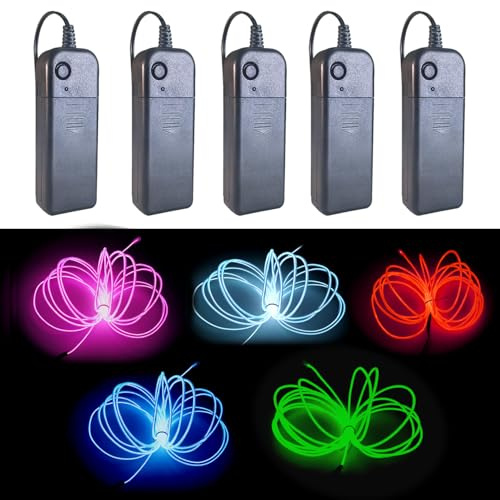 Gcidto EL Wire 5-Colour Pack, 9ft（2.75m） Neon Light Wire 5‑Pack with Noise Reduction & Battery Pack (Green, Blue, Red, White, Pink) for Halloween Décor & DIY. (Multicolor)