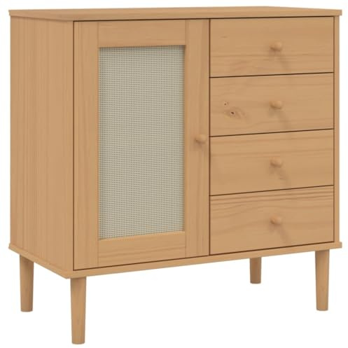 pokgdf Beistellschrank mit Schubladen und Fächern aus massivem Kiefernholz und Sideboard mit UV-lackierter Oberfläche in Rattan-Optik Braun 80x40x80 cm