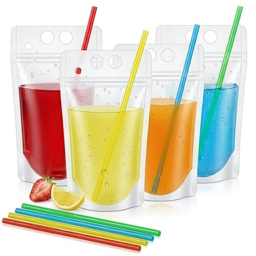 Haoyic 20 Pcs Drink Pouches for Festivals 500ml Liquid Bags with Reusable Straws