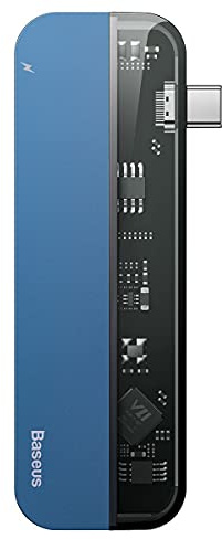 Baseus Transparent Dual, Multifunktionaler PC/Telefon-Hub Adapter, blau, 60 W, Anzahl Anschlüsse: 5, Anschluss: USB Type C x 2 & USB 3.0 X 2 & 4K HD,Reisegröße