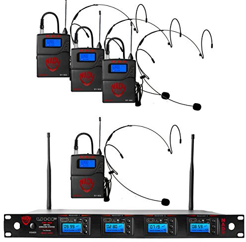 Nady 4W-1KU HM-10 Black Quad True Diversity 1000-Channel Professional UHF Wireless System with 4 Headset Microphones – AutoScan – Automatic Transmitter Pairing – All Metal Construction