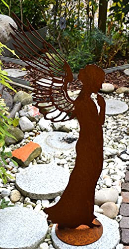 Weihnachtsengel-hübscher Stabiler Engel- Höhe 56 cm mit langem Doppelflügel -Moderne Ausführung- Metall mit Edelrost- für Draussen und Drinnen, frostsicher