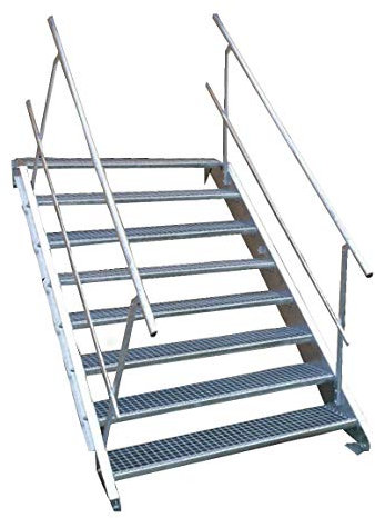 8 Stufen Stahltreppe mit beidseitigem Geländer/Breite 150cm Geschosshöhe 120-160cm / Robuste Außentreppe/Wangentreppe/Stabile Industrietreppe für den Außenbereich/Inklusive Zubehör