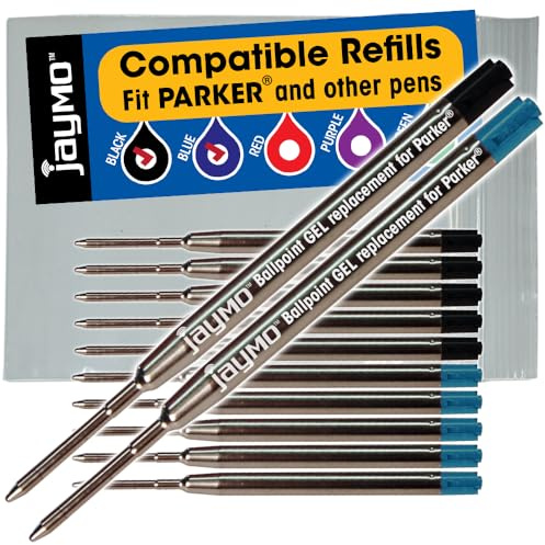 Jaymo Replacement for Parker 30525PP/30526PP - Measures 3.875 in / 98 mm Long - G2 Gel Ballpoint Pen Refill - 6 Black + 6 Blue