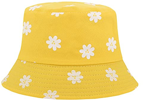 Haoohu Mehrfarbiger Fischerhut für Damen, Herren, Mädchen, Frosch, Fischerhut, Strand, Sonnenhut für Outdoor-Reisen, Gelb, Blumen, Einheitsgröße