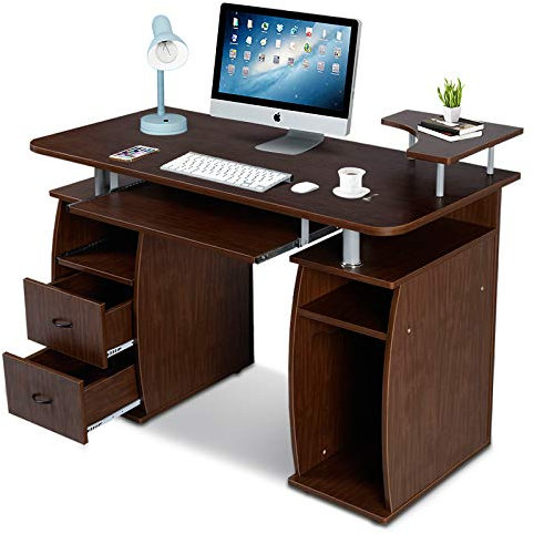 DREAMADE Laptoptisch Arbeitstisch Holz, Computertisch mit Schrank sowie Ablagefläche, Schreibtisch Bürotisch PC Tisch Beistelltisch (Dunkelbraun)