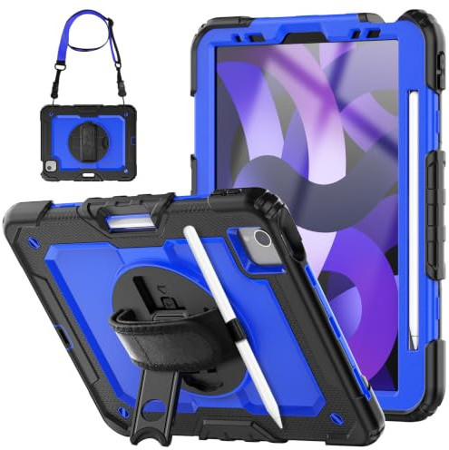 SEYMCY Custodia antiurto per iPad Air di 5a/4a generazione, iPad air 10.9 pollici 2022/2020, supporto rotante e cinturino per mano, protezione schermo, custodia per iPad Pro da 11 pollici, blu