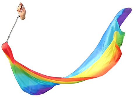 Winged Sirenny 1 Stück 180cm Echte Seide Bauchtanz Seidenschleier Poi Bälle mit Tuch, Jonglierset Schleier Voi(Rainbow longside)