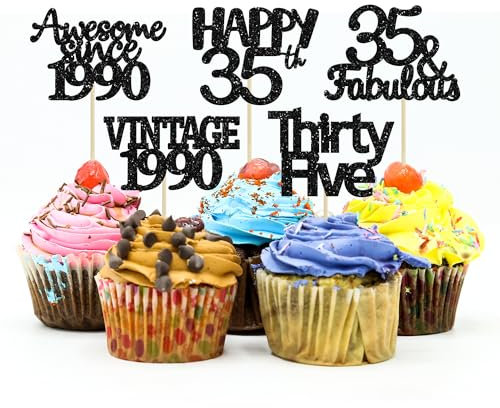 Gyufise Cupcake-Topper im Vintage-Stil von 1990, schwarzer Glitzer, 30 Stück, 35 Stück, Kuchendekorationen, Cheers to 35 Years Birthday, Cupcake-Picks, 35. Geburtstag, Jahrestag, Kuchendekorationen