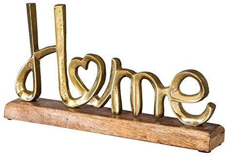 levandeo Home Aufsteller Schriftzug H17cm Metall Gold Holz Deko Mangoholz Tischdeko Wohndekoration