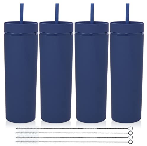 Volhoply 600ml Vasos de Plástico 4 Pack,Vaso de Doble Pared con Tapa y Pajita,Taza de Café Helado de Viaje Reutilizable,Tumbler de Agua de Acrílico Mate Sin BPA para Fiestas,Regalos (Marino,4 Set)