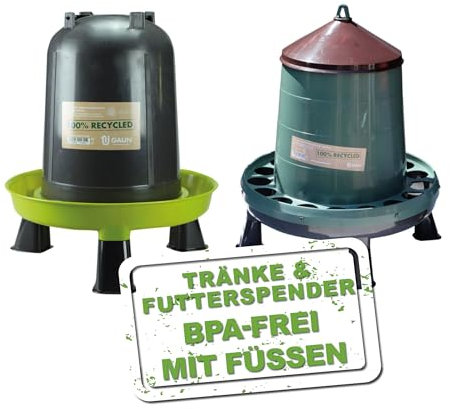 MeineHennen Futterautomat 8 Kg und Wasserspender 10 Liter für Hühner und Wachteln - hygienischer Futterspender und Geflügeltränke/Tränke im Set - abnehmbare Füße - BPA-Frei - Spülmaschinengeeignet