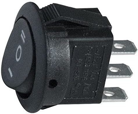 Deviatore unipolare a bilanciere SPDT unipolare ON-OFF-ON con tasto nero e con terminali faston 4,8mm, foro di montaggio diametro 20mm, 250V 6,5A