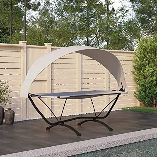 Sonnenliege mit Dach, JUNZAI Gartenliege, Sonneninsel, Liege, Doppelliege, Gartenbett, Hängebett, Gartenmöbel, Outdoorbett, Creme Stahl und Oxford-Gewebe
