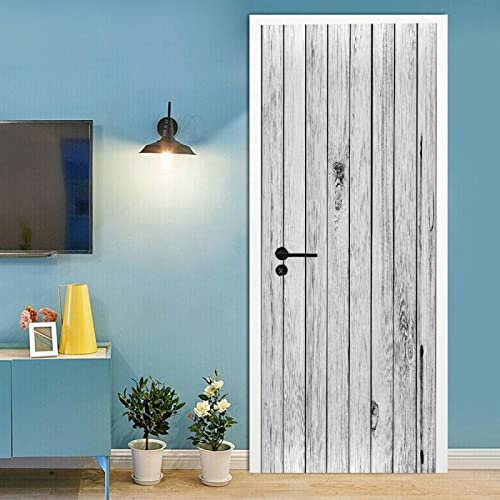 PLEETS Sticker Porte Effet 3D Grain de bois gris et blanc 77 x 200cm Poster de Porte, PVC Imperméable Papier Peint pour Chambre Salle de Bain Cuisine Décoration Porte Murale