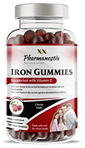 Pharmanostix Iron & Vitamin C Vegan Gummies - 150 Natural Cherry Flavour Gummies -Tasty Alternative to Iron Tablets -for Men, Women and Kids - Supports Cognitive Development & Red Blood Cell Formation