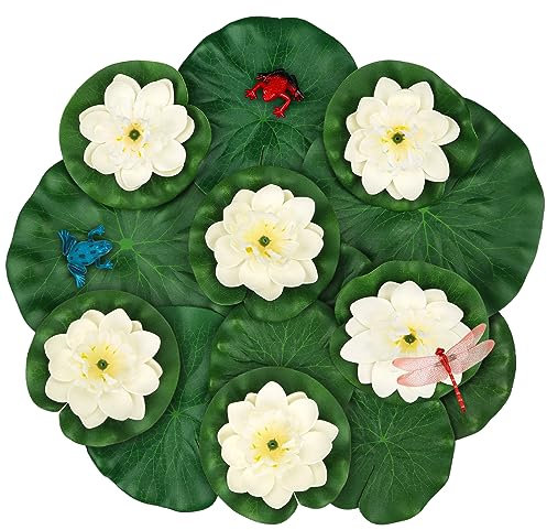 MicButty 16 Pièces Nénuphars Flottants, 10cm Nénuphar Flottant Fleur De Lotus, Fleur De Mousse De Lotus, Flottant Artificielle Lotus, Nénuphar Artificiel Blanc, pour Bassin,Aquarium,Etang Jardin Décor