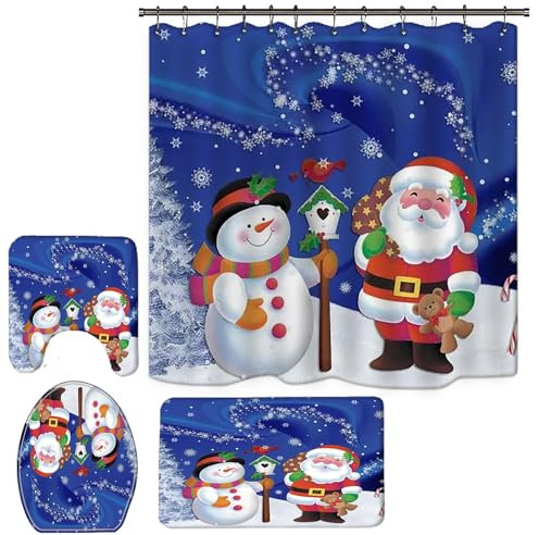 4 PCS Christmas Shower Curtain Sets, Xmas Bathroom Set Toilet Seat Cover Rug Snowman Gnome Rustic Tree Santa Theme Tub Room Décor,Cute Holiday Decorations (N8)