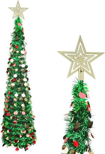 Arbre de Noël Artificiel 4ft/1.2m Pop-up Pliant à Crayon avec Guirlandes à Paillettes Colorées, Décoration Scintillante pour Mariage et Fêtes (Vert)
