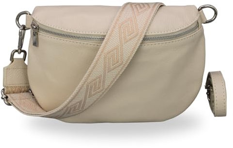 BRISE Bauchtasche Damen Echtes Leder AFIA Silber Handgemachte Umhängetasche Crossbody Bag mit Ledergurt + Optionalen Breiten Gemusterten Riemen 3 Fächer Hüfttasche Made in Italy (Beige-3)
