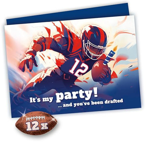 • AMERICAN FOOTBALL • Einladungskarten für Geburtstag und Party | Mit HOCHGLANZ-LACK | Für Jungen, Männer, Sport Fans | Einladung Geburtstagskarten | 12 Karten + 12 bedruckte Umschläge