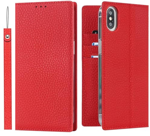ELTEKER Hülle iPhone X/XS Handyhülle [Echtes Leder] Klapphülle mit Kartenfach,Schutzhülle Leder Hülle für iPhone X/iPhone XS-Rot