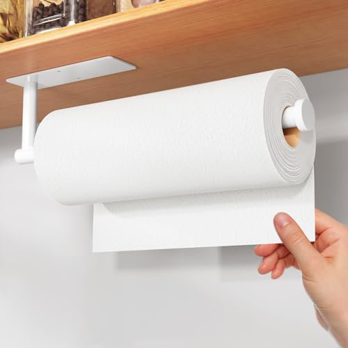Portarrollos de papel de cocina – autoadhesivo o perforable, color blanco, soporte para toallas de papel de pared para cocina, dispensador de rollos de cocina de acero inoxidable SUS304 bajo armario