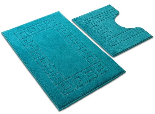 Ambience Products Badematten mit griechischem Schlüsselmuster, rutschfest, weich, waschbar, schnell trocknend, wasserabsorbierend, Badezimmer-Duschmatte und WC-Garnitur (Blaugrün)