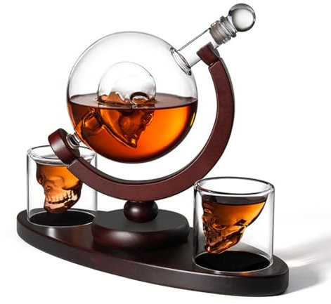 Globe Decanter Se T- Dark Wood Holder, with Funnel, 2 Glasses, Artisan Crafted Rum Whisky Carafe 850 ML – Transparent –Whiskey Decanter Set