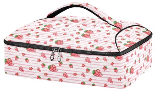 Mnsruu Pink Strawberry Casserole Carrier for Hot or Cold Food, Insulated Casserole Dish Carrier Bag with Lid, Food Carrier for Travel Party Picnic Tote Bag