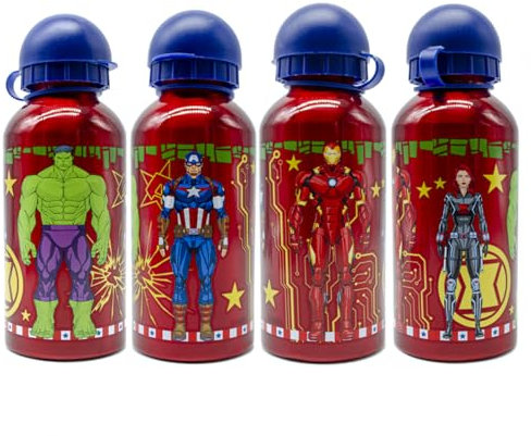 Marvel VENGADORES Botella de Aluminio Reutilizable Para Niños con capacidad de 400 ml Hulk, Capitán América, Iron Man, Viuda Negra. Botella Infantil de aluminio | Producto Oficial