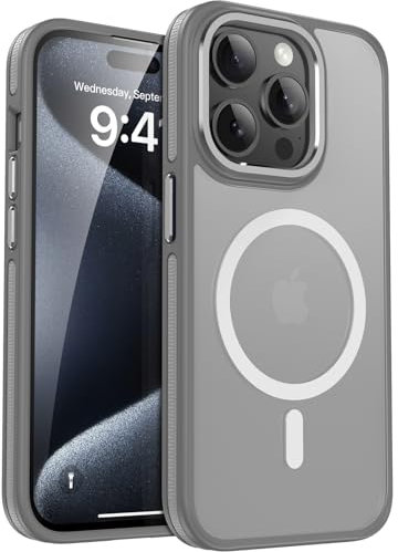 HeIssitot Magnetische für iPhone 15 Pro Hülle, Militärnorm Schutz Matte Rückseite Samtige Touch Schutzhülle,Stoßfeste rutschfest HandyHülle Case -Grey